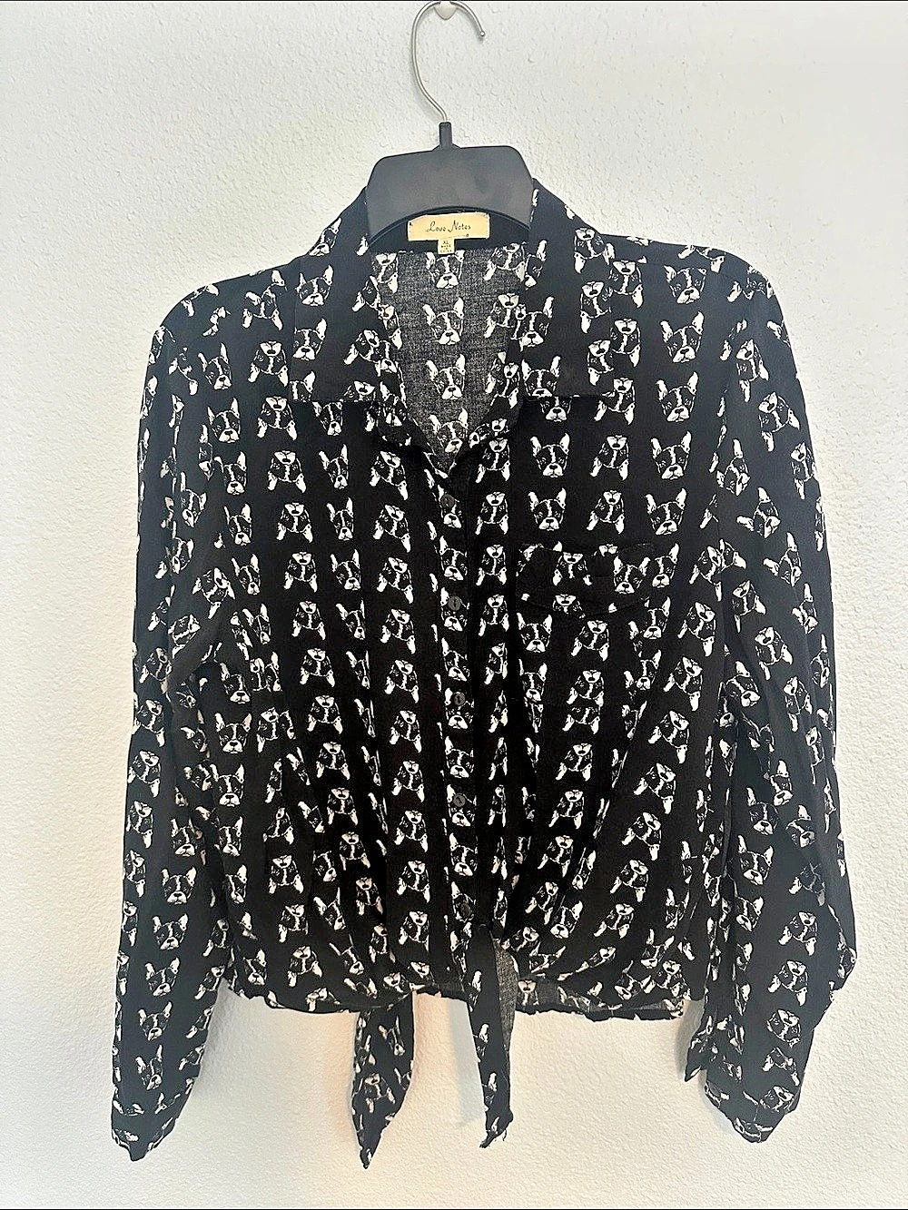Love Notes Dog Print Tie-Front Blouse in Black & White Size XL